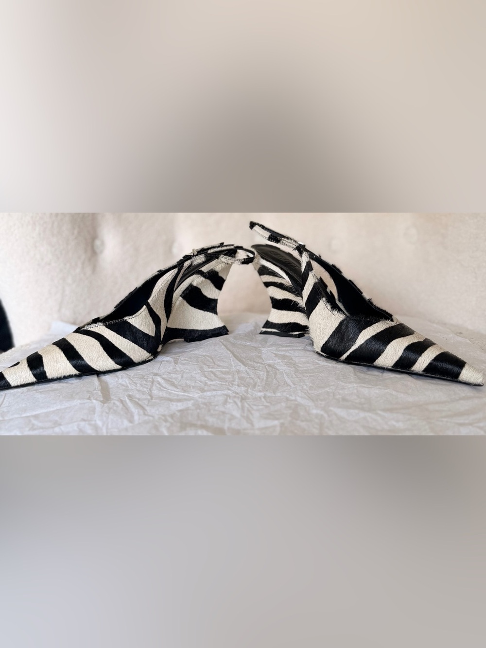 Zebra-Print Pointed Toe Slingback Heels - Black & White - Picture 2 of 7